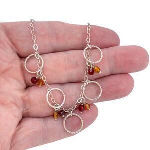 Italian Circle Necklace | Sterling Silver Orange Brown Crystal Dangle 17–18.5”